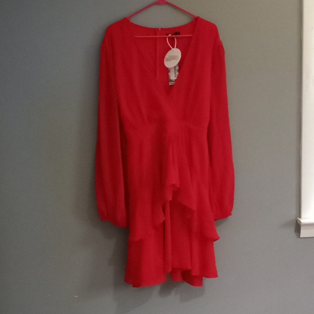 Boohoo red  midi dress, belt,built in slip